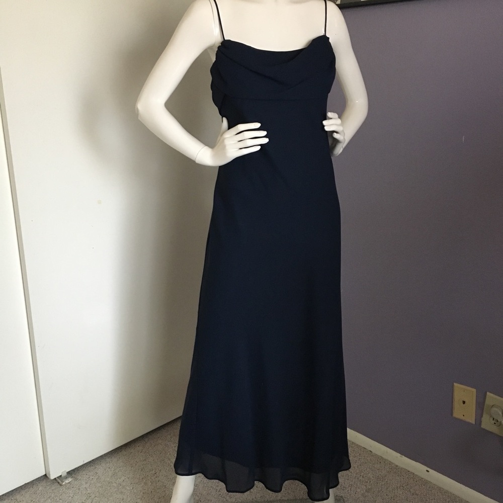 Long navy blue spaghetti strap dress